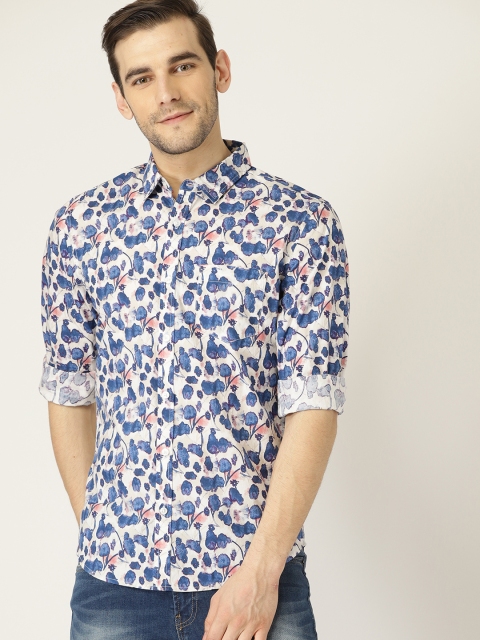 

United Colors of Benetton Men Off-White & Blue Regular Fit Printed Casual Shirt