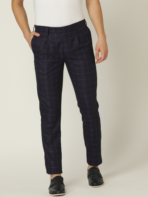 

United Colors of Benetton Men Navy Blue Slim Fit Checked Regular Trousers