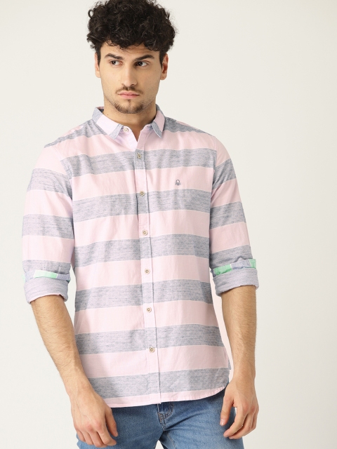 

United Colors of Benetton Men Pink & Navy Blue Regular Fit Striped Casual Shirt