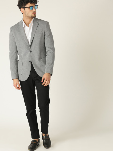 

United Colors of Benetton Men Grey Melange Solid Single-Breasted Smart Casual Blazer