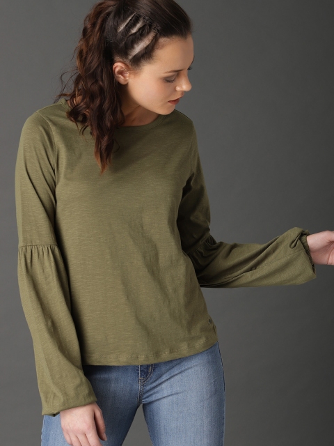 

Roadster Women Olive Green Solid Top With Balloon Sleeve