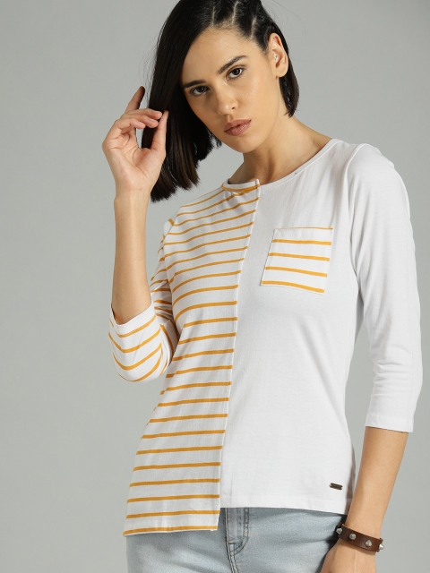 

Roadster Women White & Mustard Yellow Striped Round Neck T-shirt