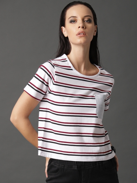 

Roadster Women White & Black Striped T-shirt with Pocket