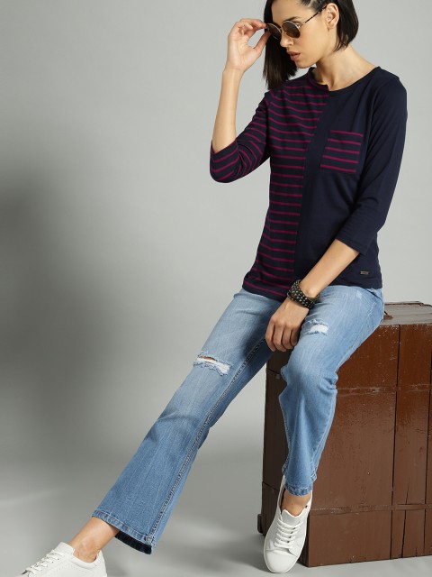 

Roadster Women Navy Blue & Maroon Striped Round Neck T-shirt