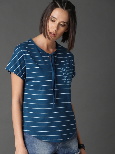 

Roadster Women Teal Blue Striped Top With Neck Tie Up