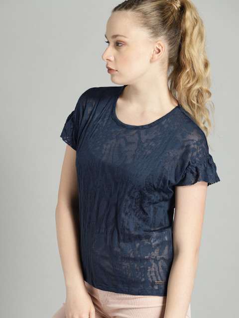 

Roadster Women Navy Blue Self Design Top