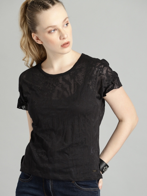 

Roadster Women Black Self Design Top