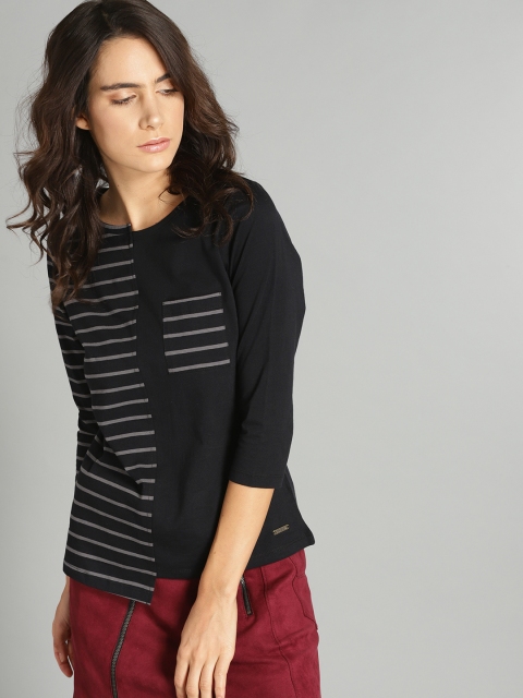 

Roadster Women Black & Grey Striped Round Neck T-shirt