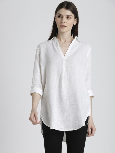 

GAP Women White Solid Semi-Sheer Linen Popover Longline Shirt Style Top