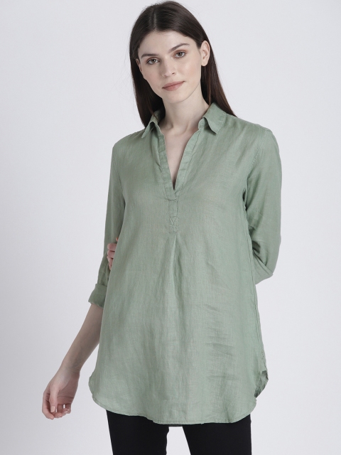 

GAP Women Olive Green Solid Linen Popover Longline Shirt Style Top