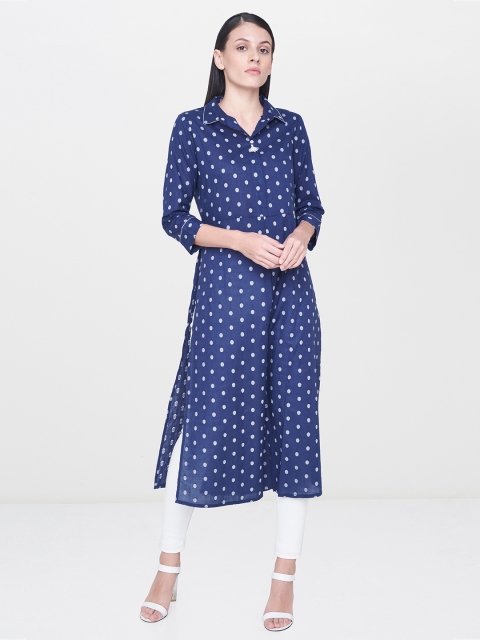 

AND Women Navy Blue Printed A-Line Kurta