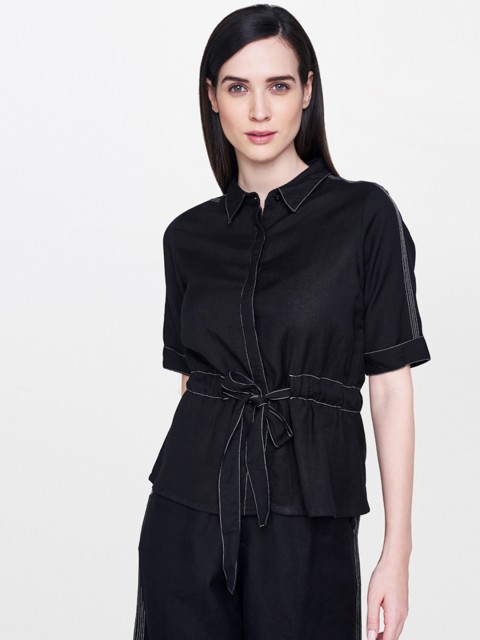 

AND Women Black Solid Shirt Style Top with Waist Tie-Ups