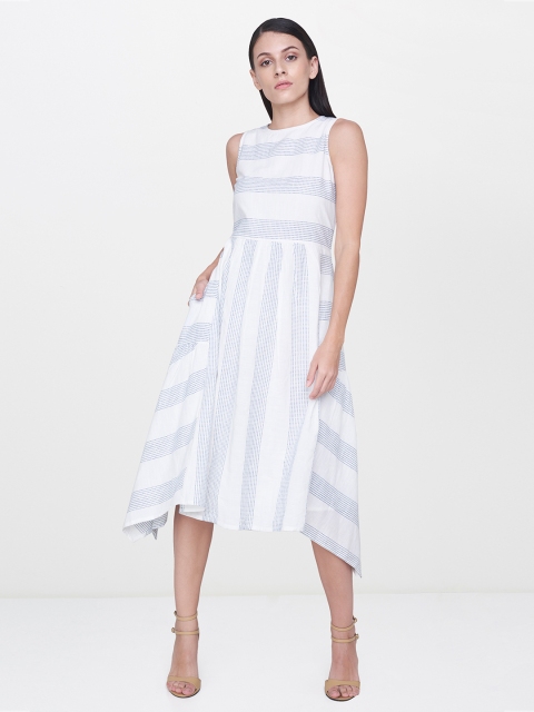 

AND Women White Striped A-Line Midi Dress