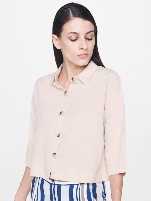 

AND Women Beige Regular Fit Solid Casual Shirt