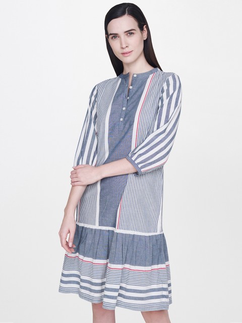 

AND Women Grey & White Striped Drop-Waist Dress