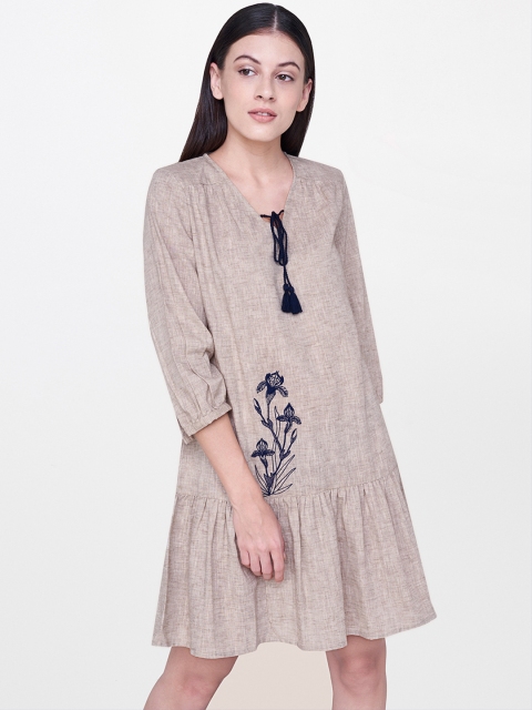 

AND Women Beige Solid Drop-Waist Dress