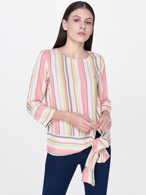 

AND Women Pink & Off-White Striped Top with Waist Tie-Ups, Coral