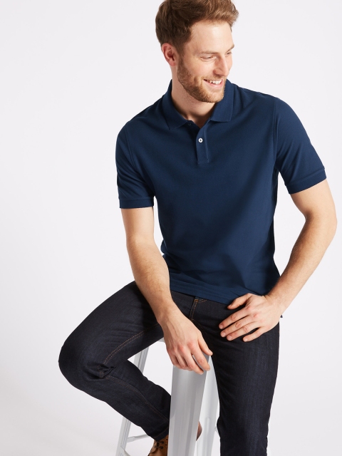 

Marks & Spencer Men Navy Blue Solid Polo Collar T-shirt