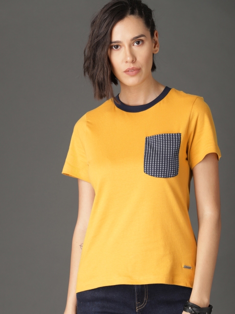 

Roadster Women Mustard Yellow Solid T-shirt with Contrast Pocket