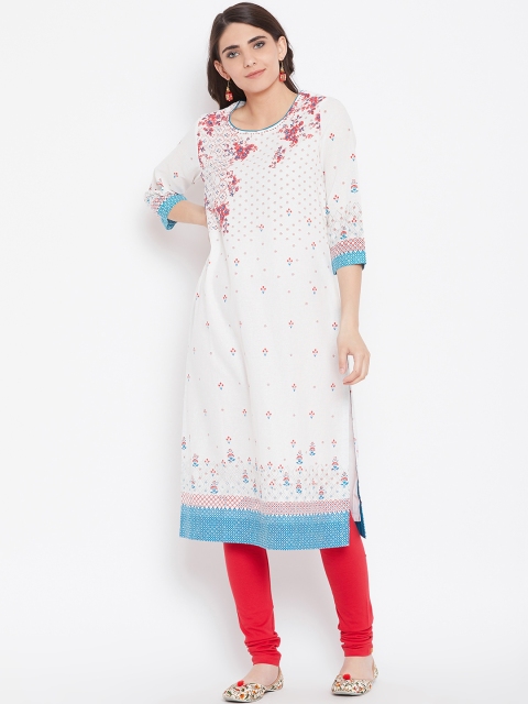 

Biba Women White & Pink Floral Printed Straight Kurta