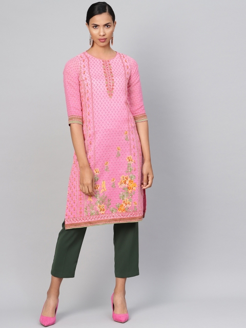 

Biba Women Pink Printed Straight Kurta