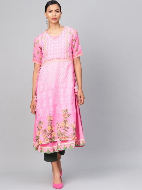 

Biba Women Pink & Green Floral Print A-Line Layered Kurta