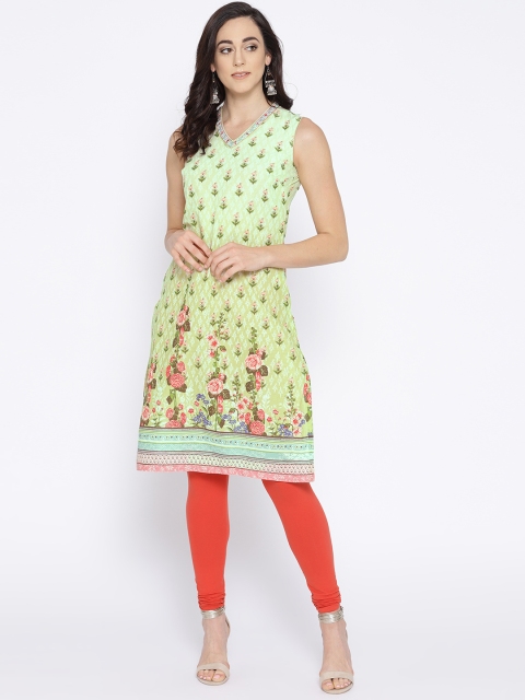 

Biba Women Green & Pink Printed Straight Kurta
