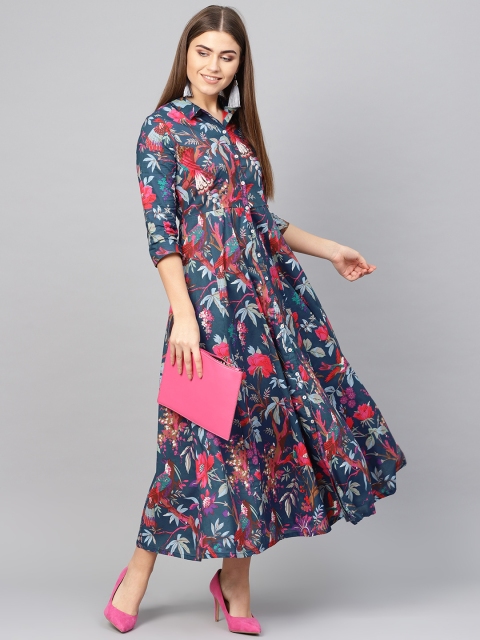 

Biba Women Blue Printed Maxi Shirt Dress