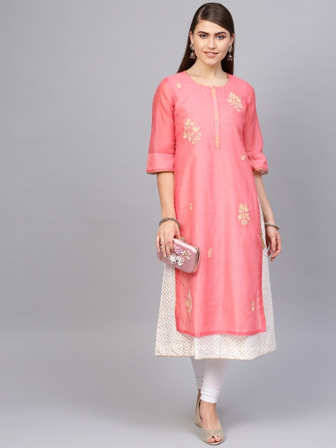 

Biba Women Pink & Off-White Embroidered Layered A-Line Kurta