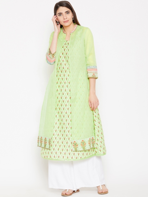 

Biba Women Green Printed Straight Kurta with Ethnic Jacket