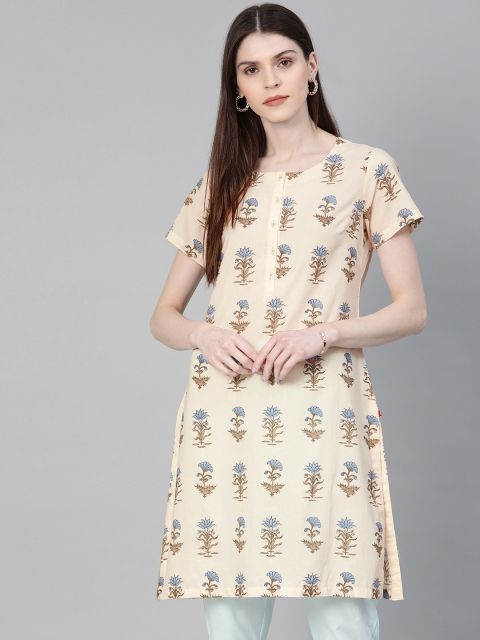 

Biba Women Cream-Coloured & Brown Floral Printed Straight Kurta