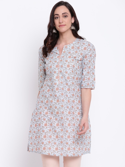 

Biba Women Blue & Peach-Coloured Printed Straight Kurta