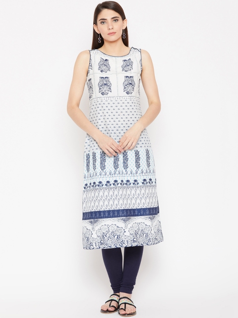 

Biba Women White & Navy Blue Printed Straight Kurta