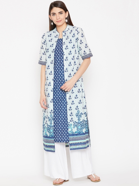 

Biba Women Navy Blue & White Printed Layered Straight Kurta