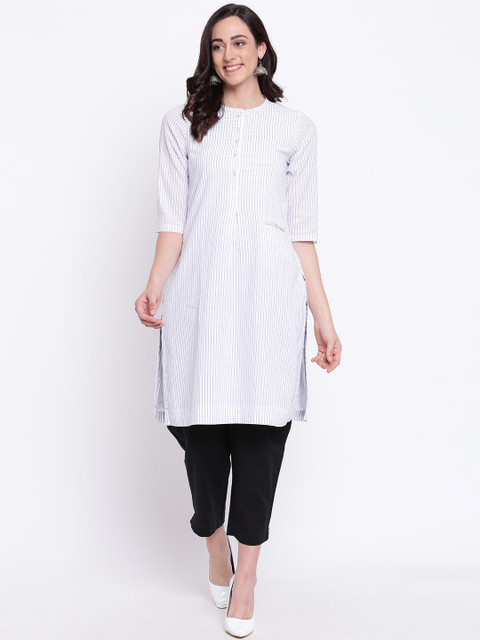 

Biba Women White & Navy Blue Striped Straight Kurta