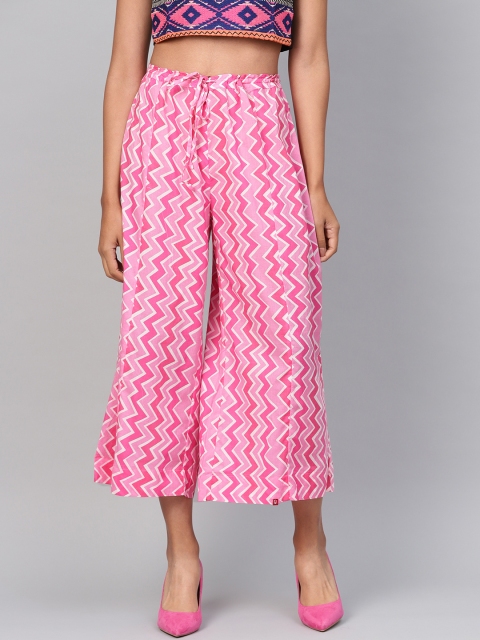 

Biba Women Pink & White Chevron Printed Cropped Straight Palazzos