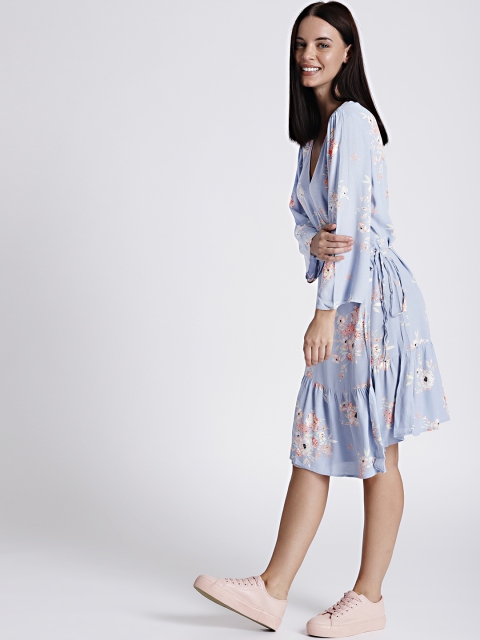 

Gap Women's Blue Printed Long Sleeve Ruffle Wrap Dress