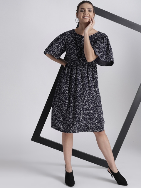 

GAP Women's Printed Dress With Elasticated Waist, Navy blue