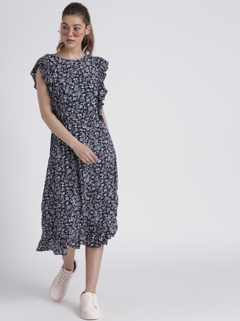 

GAP Women's Ruffle Print Panelled Midi Dress, Navy blue
