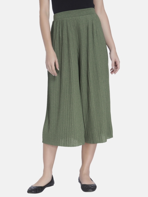 

ONLY Women Olive Green Flared Solid Flared Accordion Pleated Culottes