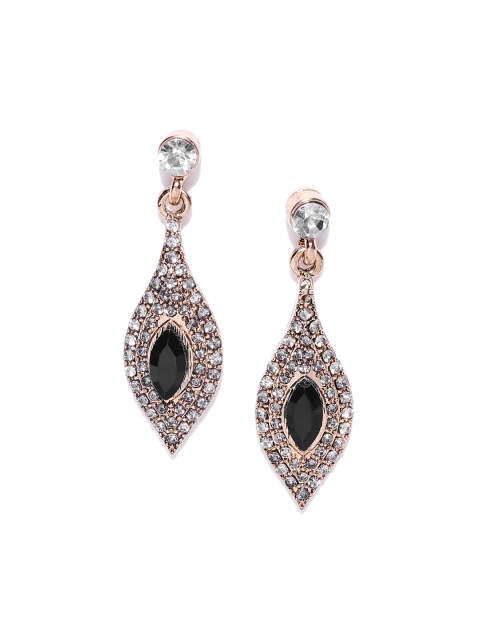 

Accessorize Women Black & Rose Gold-Toned Stone-Studded Teardrop Earrings