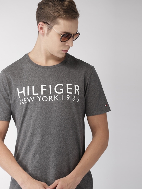 

Tommy Hilfiger Men Grey Melange Printed Round Neck Pure Cotton T-shirt