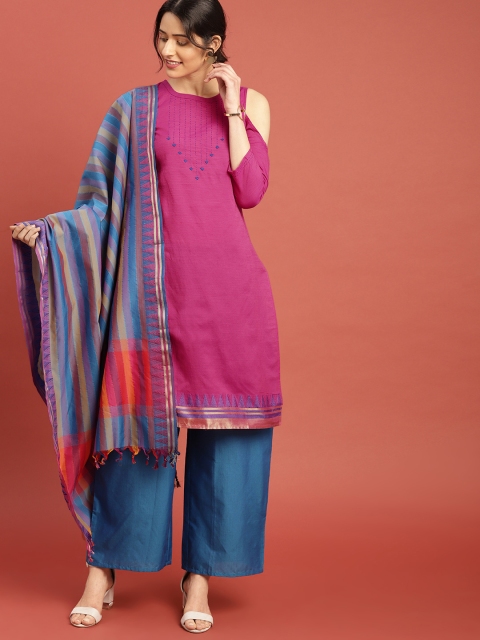 

Taavi Women Pink & Teal Blue Woven Legacy Cold-Shoulder Kurta with Trousers & Dupatta