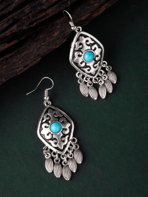 

Rubans Silver-Toned & Blue Oxidised Classic Drop Earrings