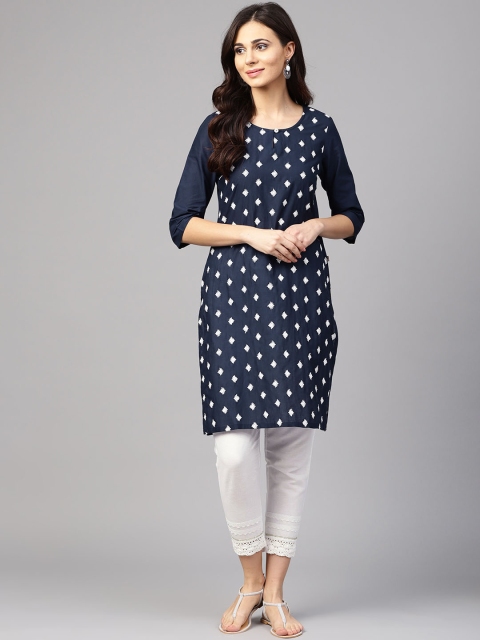 

Juniper Women Navy Blue & White Embroidered Straight Kurta