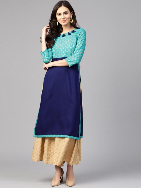 

Juniper Women Sea Green & Navy Blue Printed Straight Kurta