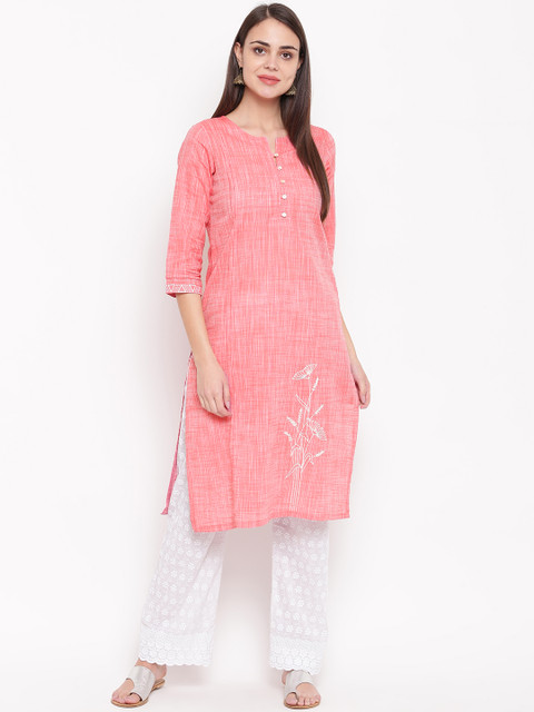

Rangriti Women Pink Woven-Design Straight Kurta