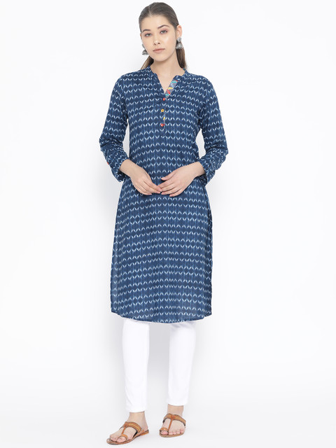

Rangriti Women Navy Blue & White Printed Straight Kurta