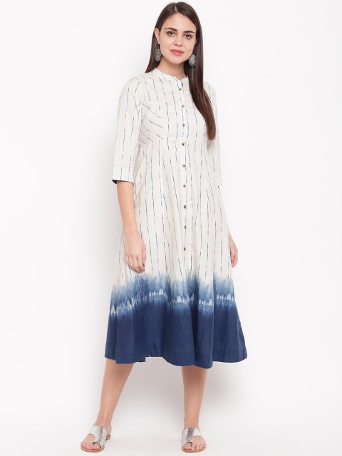 

Rangriti Women Off-White & Navy Blue Striped Empire Dress