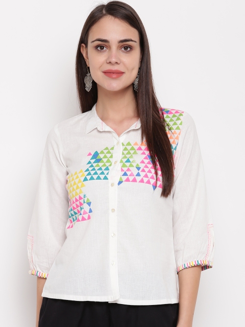 

Rangriti Women White & Pink Regular Fit Printed Casual Shirt